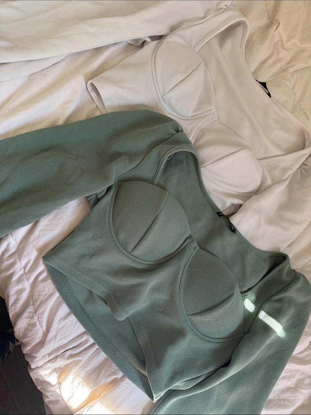 SHEIN Sage Green and Ivory Long-Sleeve Cropped Bustier Tops